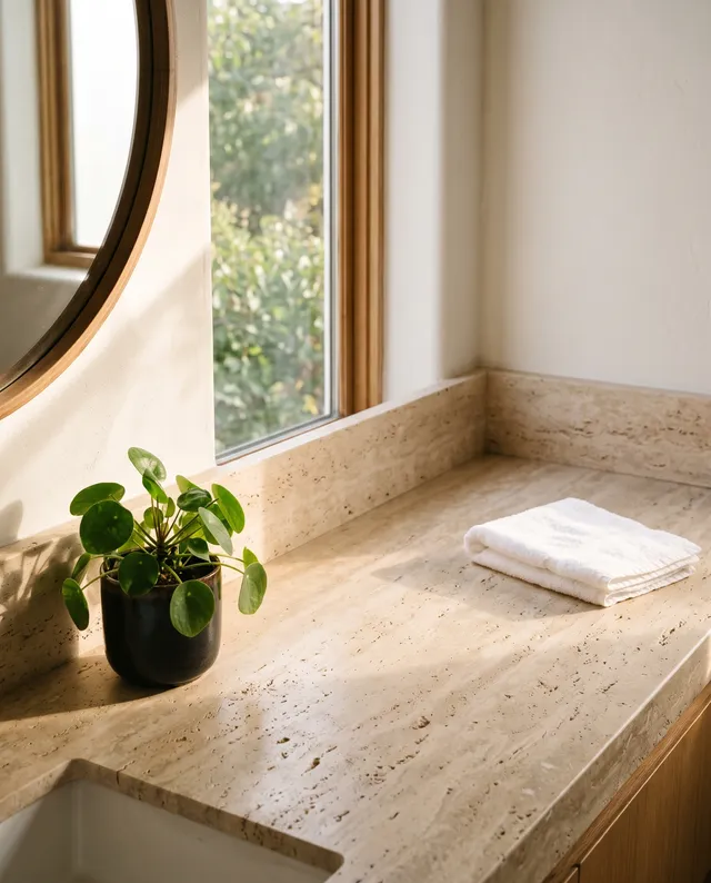 Empty travertine bathroom counter with a plant and a towel