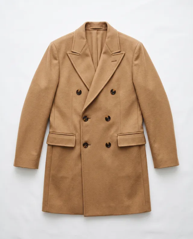 Camel double-breasted coat laid flat on white