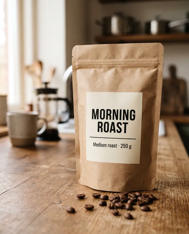 Kraft coffee bag labelled Morning Roast on a wooden counter