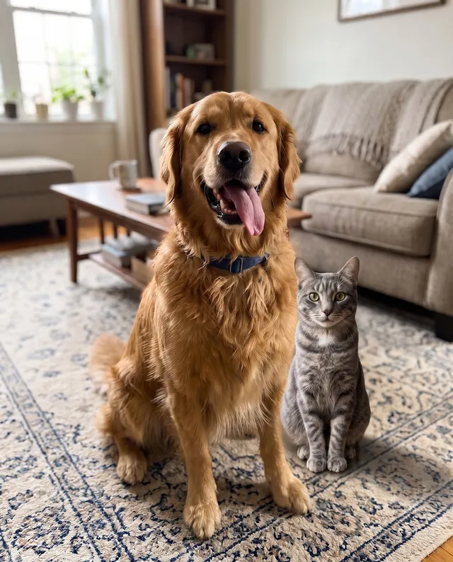 The retriever and the tabby cat side by side on the rug