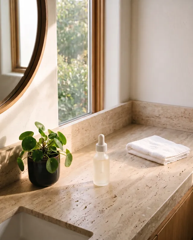 The serum bottle placed on the travertine counter