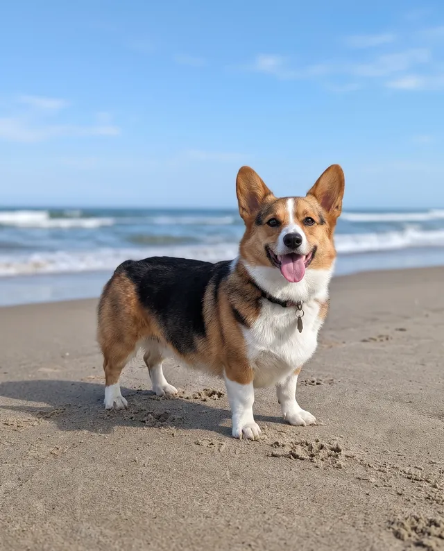 The same corgi on a sandy beach