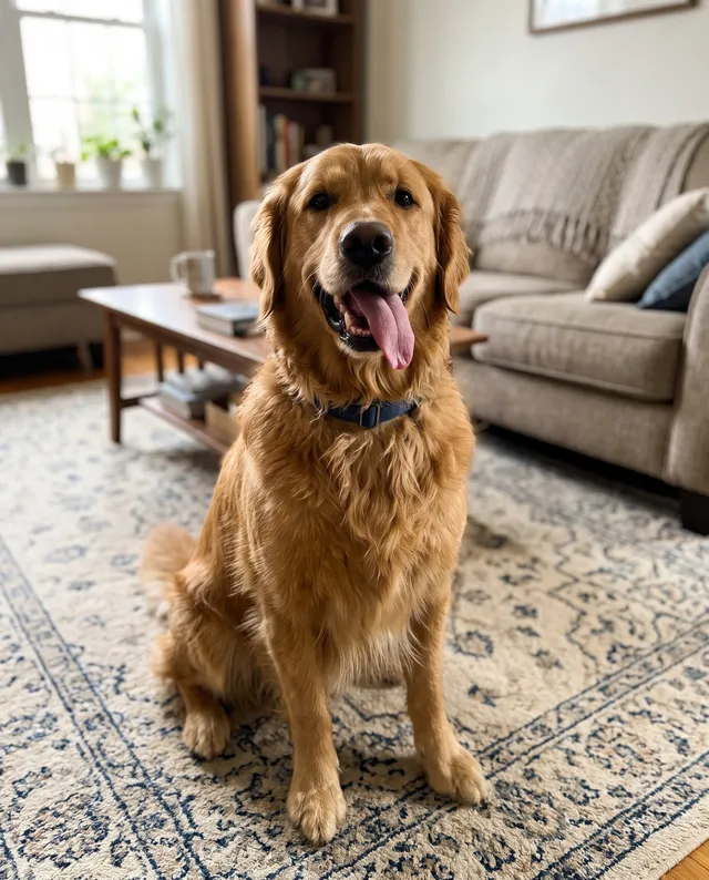 Golden retriever sitting on a living room rug