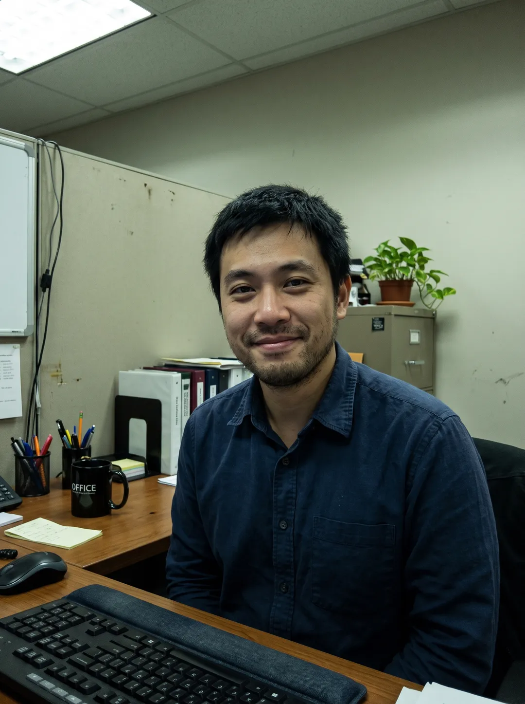 Man at an office desk under flat fluorescent light