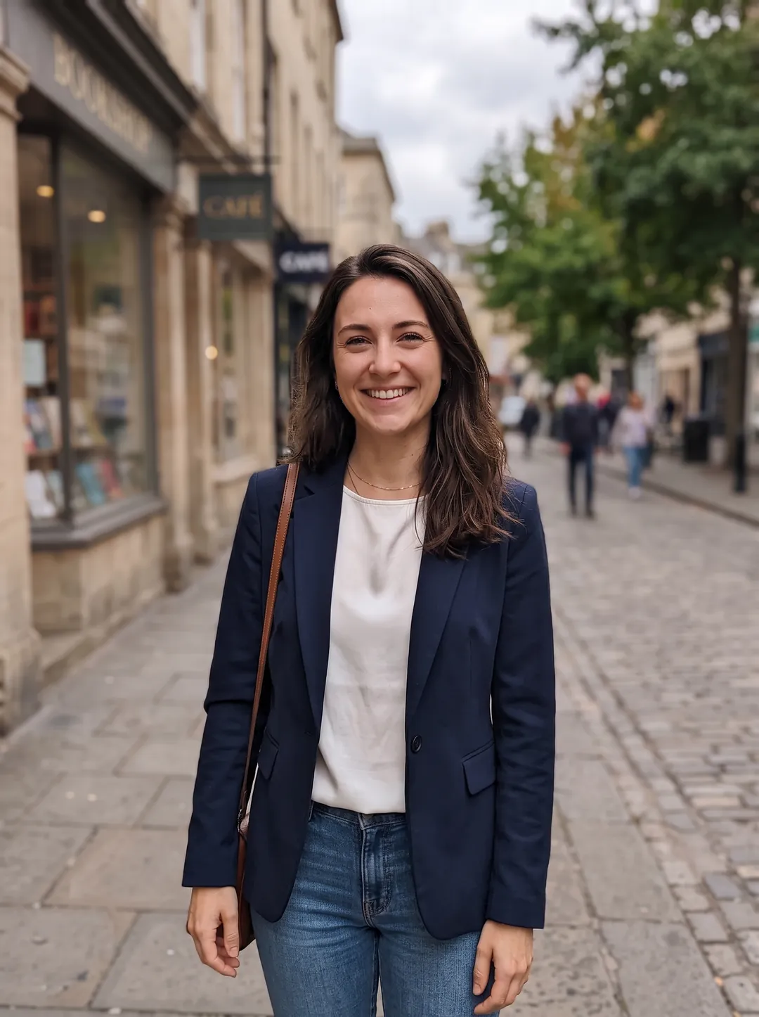 Same woman now wearing a navy blazer over a white top
