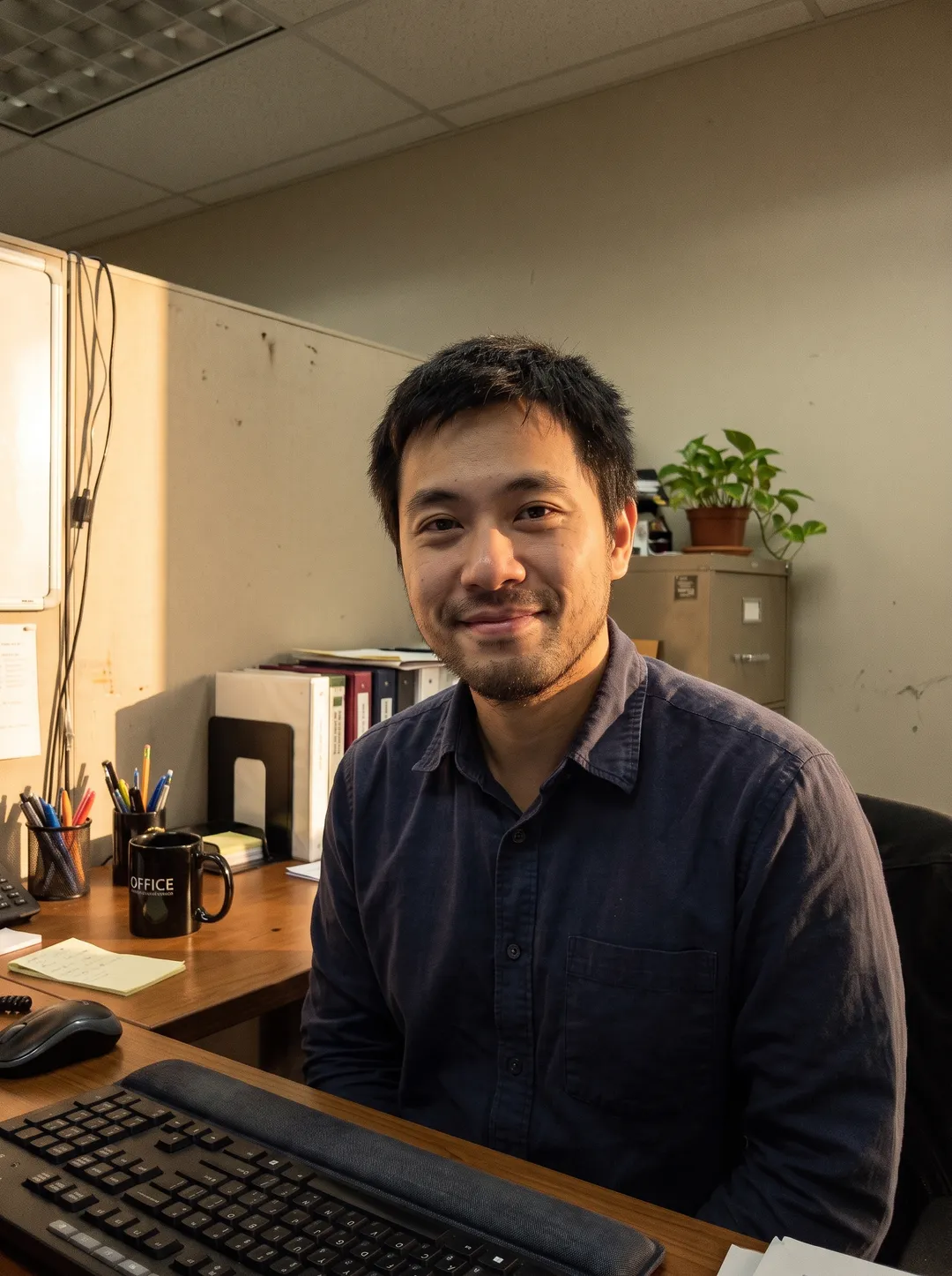 Same office portrait relit with warm window light