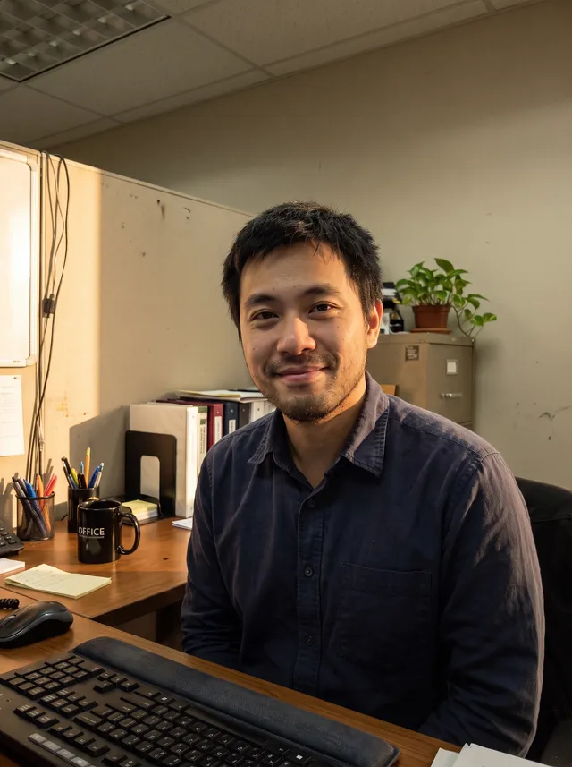Same office portrait relit with warm window light