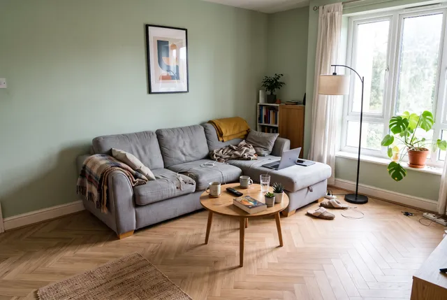 Same living room with sage green walls and a herringbone floor