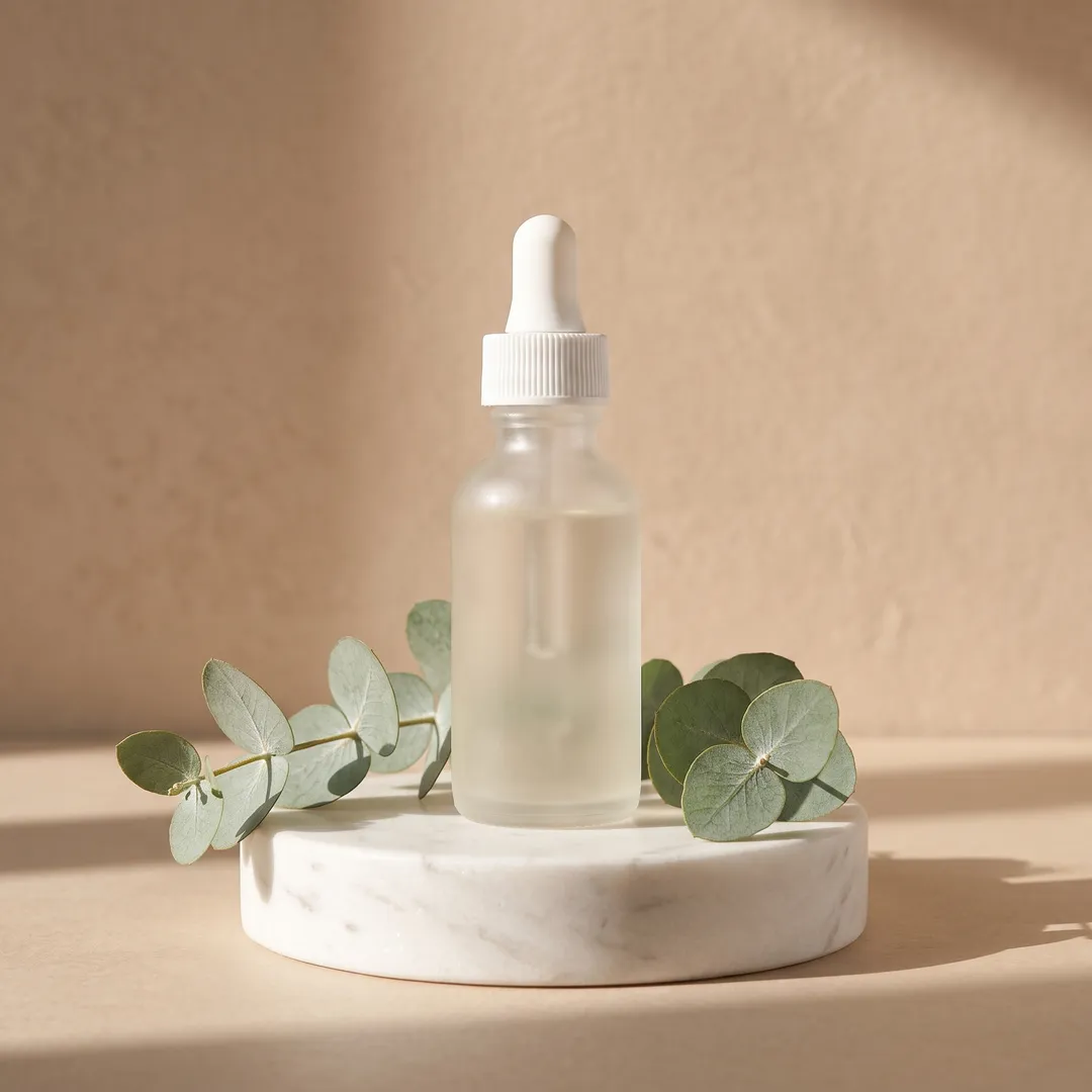 Serum bottle on a marble podium with eucalyptus