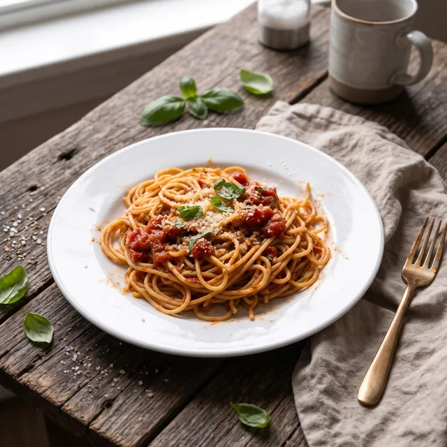 The spaghetti restyled on a rustic wooden table