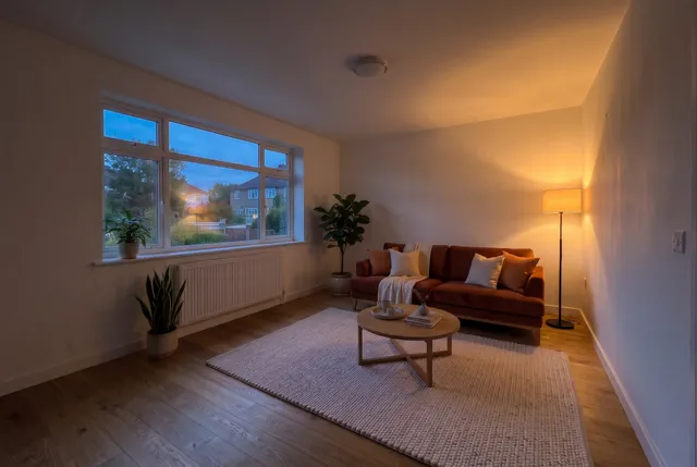 The staged room at dusk with the floor lamp on