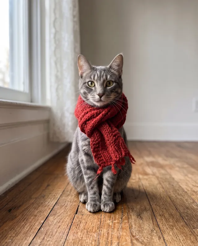 Tabby cat wearing a red knitted scarf