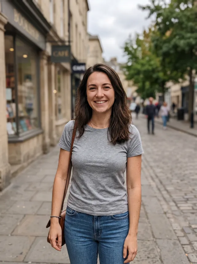 Woman in a grey t-shirt and jeans on a city sidewalk