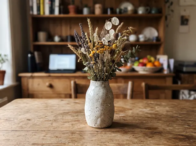 Speckled ceramic vase with dried flowers, original photo