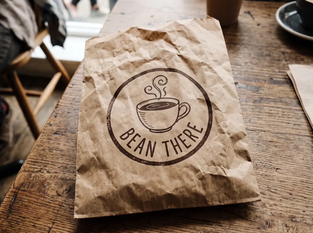 Crumpled paper bag with a round coffee shop logo on a café table, original photo