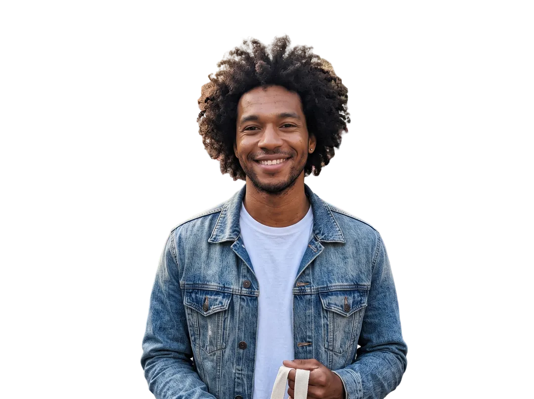 Young man with voluminous curly hair in a denim jacket, background removed (transparent PNG)