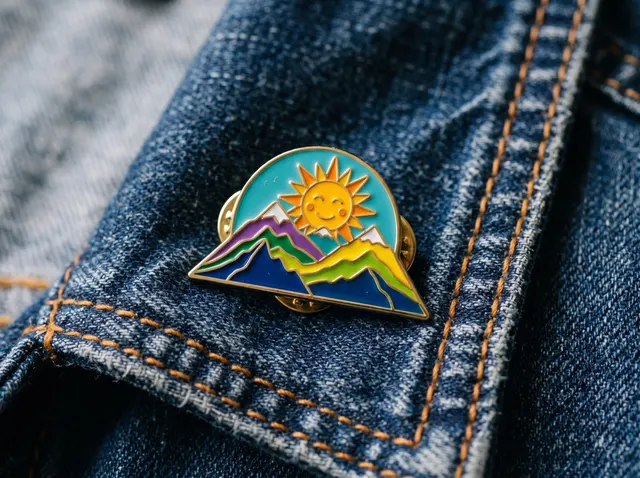 Enamel mountain pin badge on a denim jacket, original photo