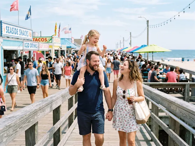Family of three on a seaside boardwalk, original photo