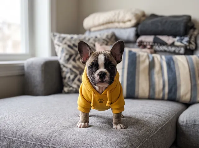 French bulldog puppy in a yellow hoodie, original photo