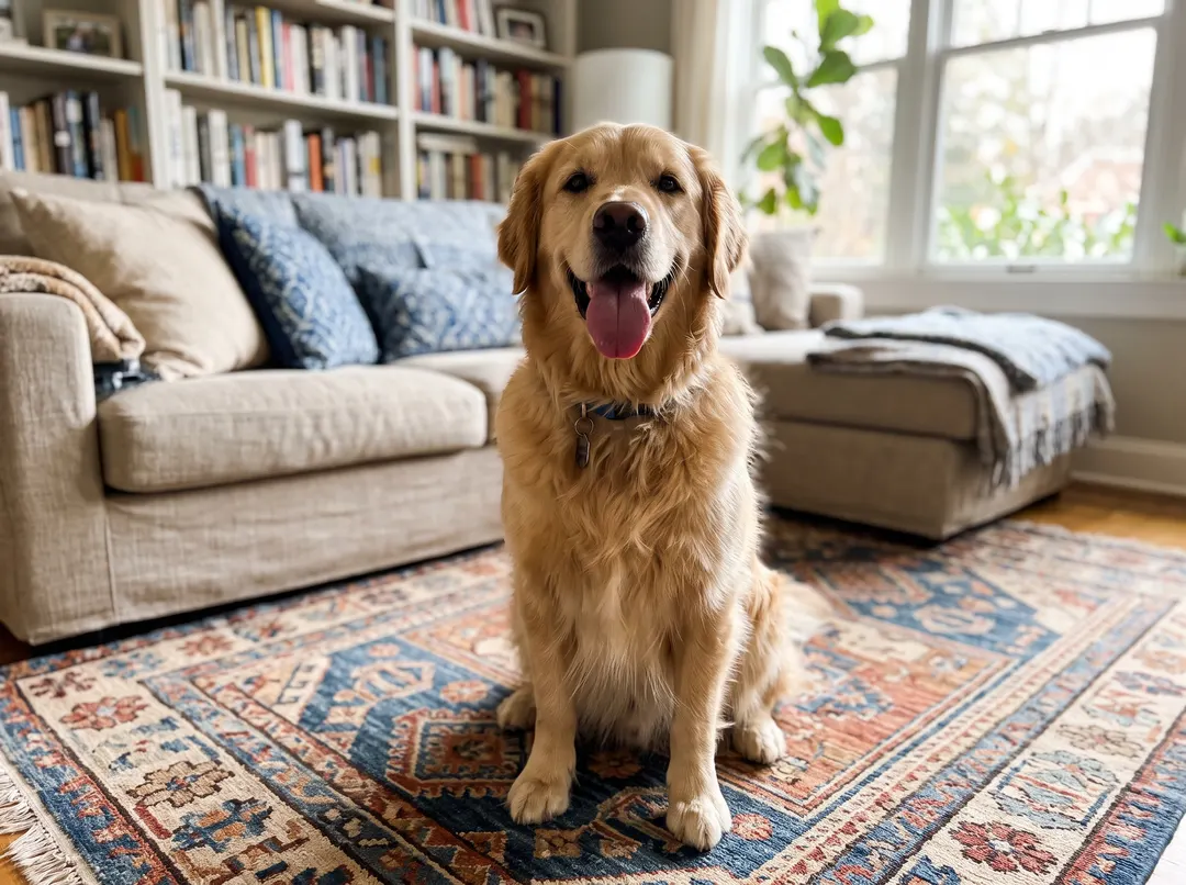 Golden retriever sitting on a living room rug, original photo
