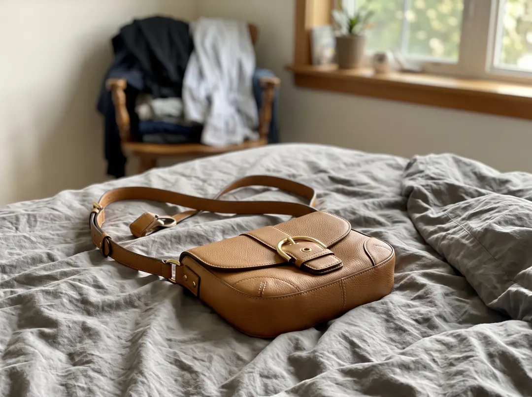 Tan leather crossbody bag on an unmade bed, original photo