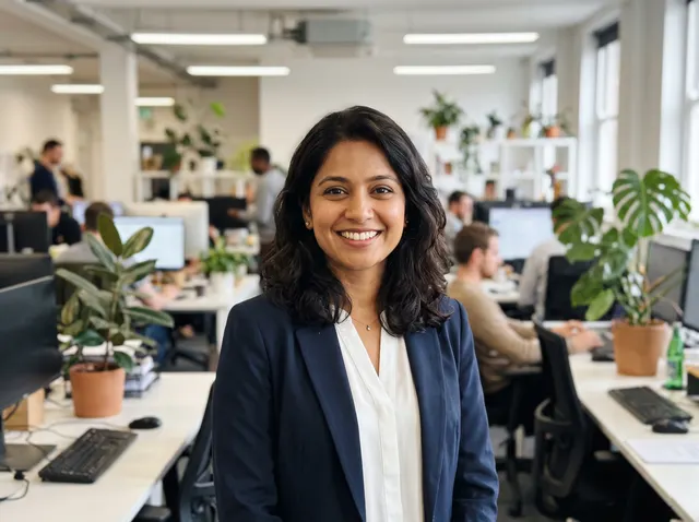 Woman in a navy blazer in an open-plan office, original photo