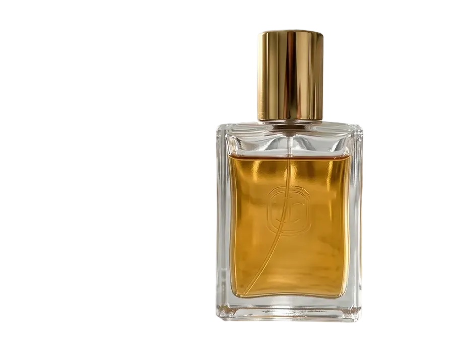 Glass perfume bottle on a marble bathroom counter, background removed (transparent PNG)