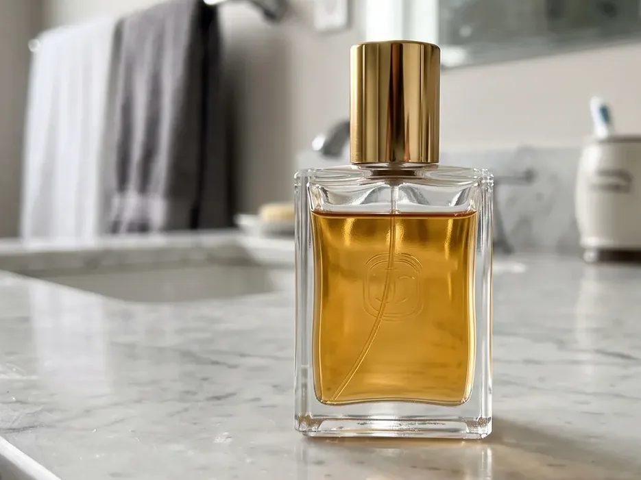 Glass perfume bottle on a marble bathroom counter, original photo