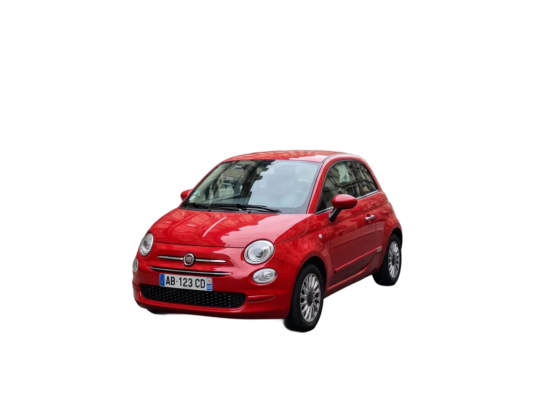 Red hatchback parked on a city street, background removed (transparent PNG)