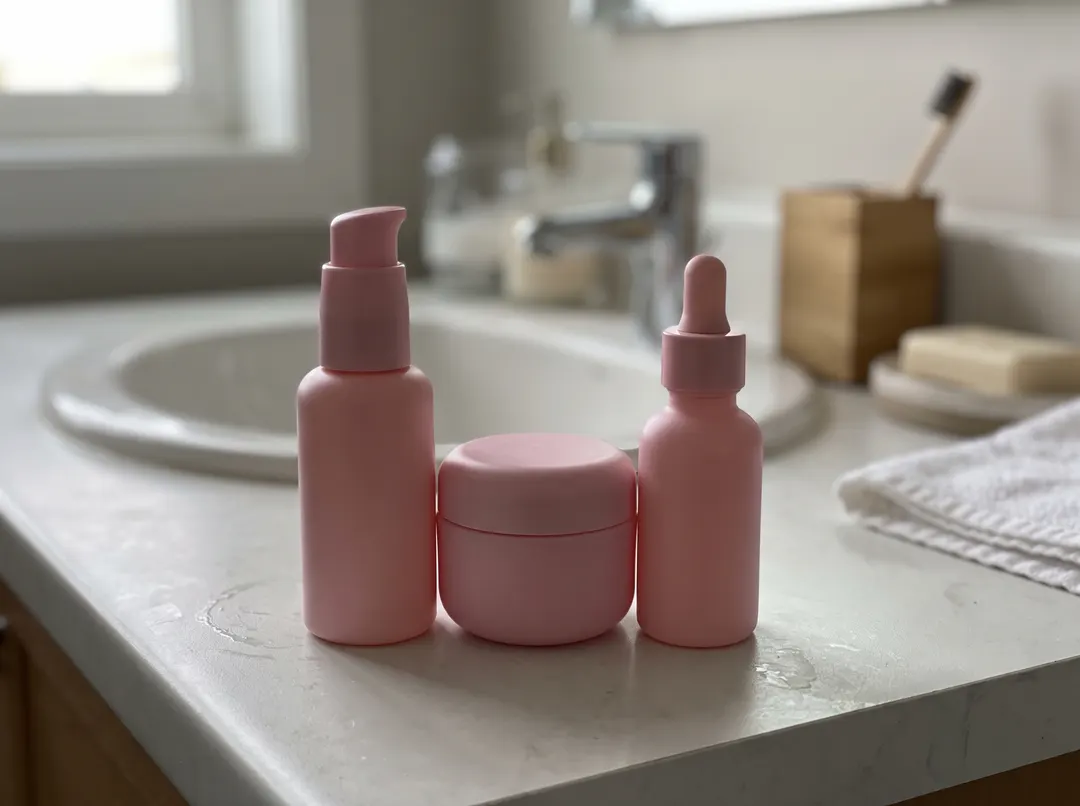 Set of three pink skincare bottles, original photo