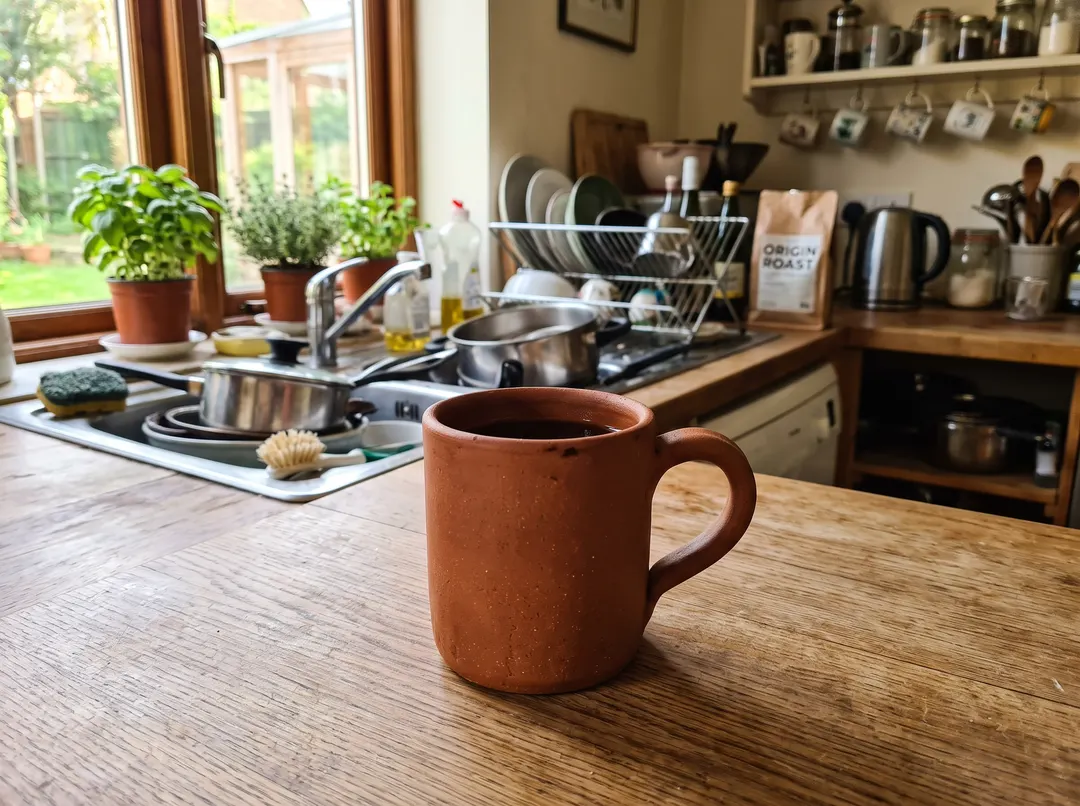 Terracotta coffee mug on a kitchen counter, original photo
