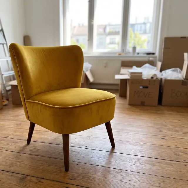 Mustard velvet armchair in a half-furnished room, original photo