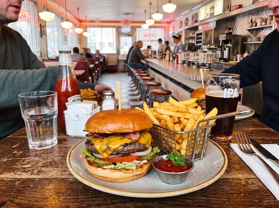 Cheeseburger and fries with the background changed to classic American diner counter with chrome stools