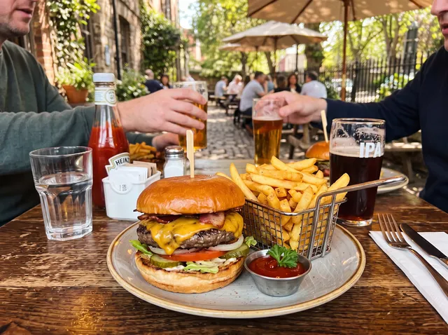 Cheeseburger and fries with the background changed to rustic wooden table on a sunny outdoor patio
