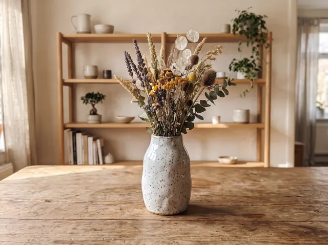Speckled ceramic vase with dried flowers with the background changed to japandi oak shelf in a calm, sunlit living room