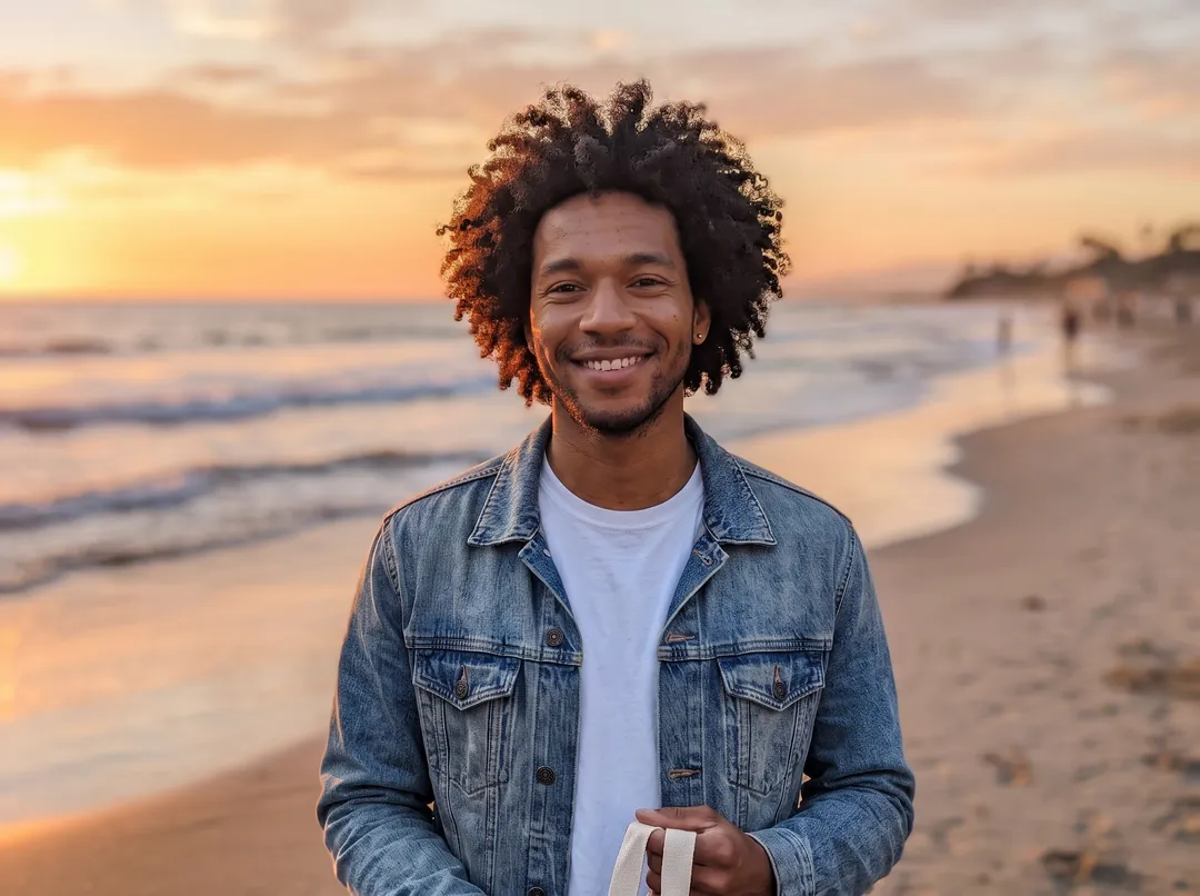 Young man with curly hair in a denim jacket with the background changed to beach at sunset with gentle waves