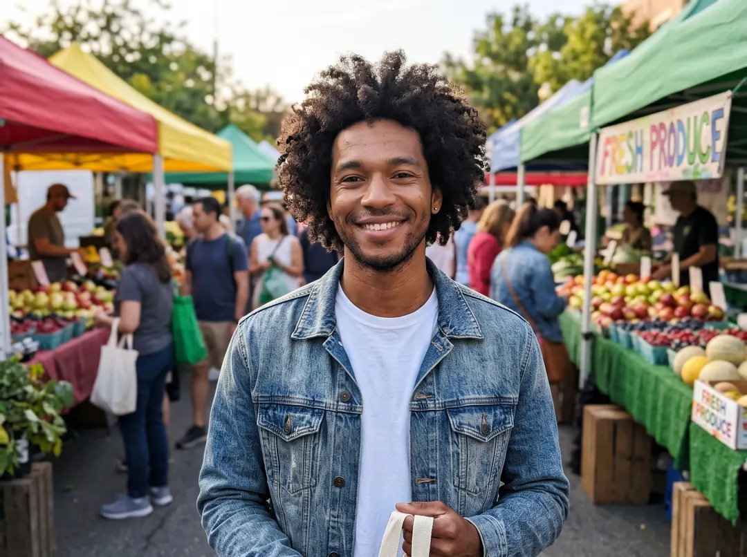 Young man with curly hair in a denim jacket, original photo
