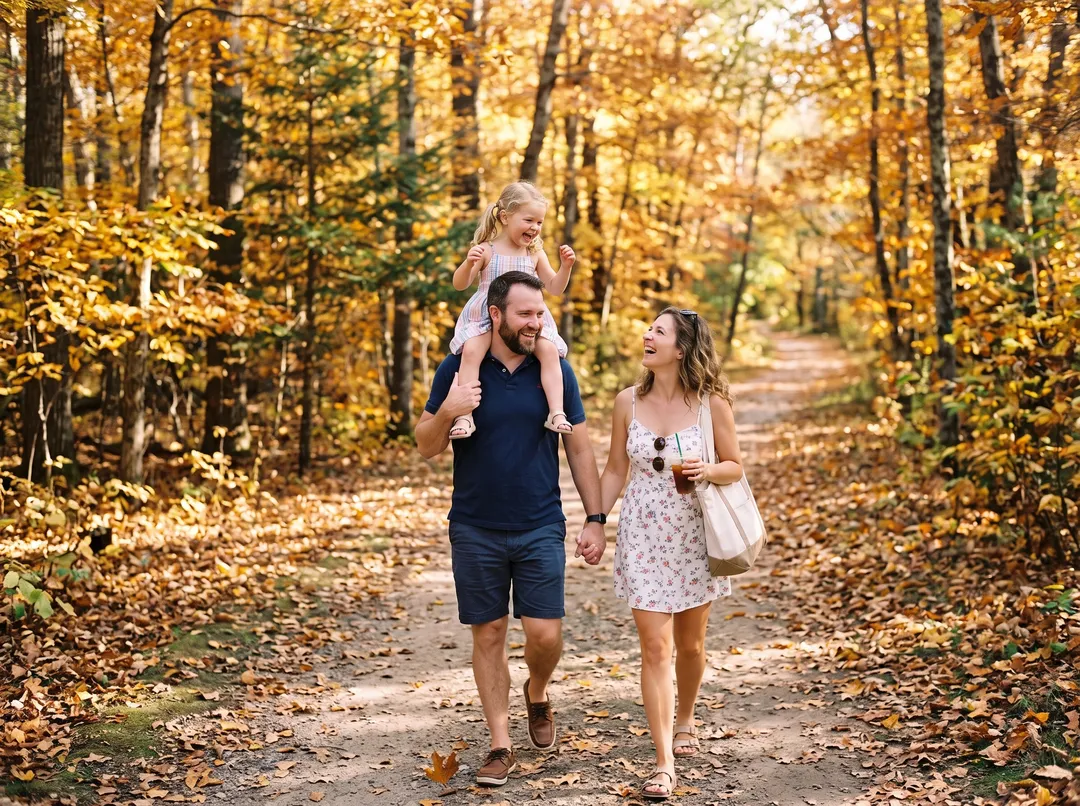 Family of three walking with the background changed to forest path in autumn with golden trees