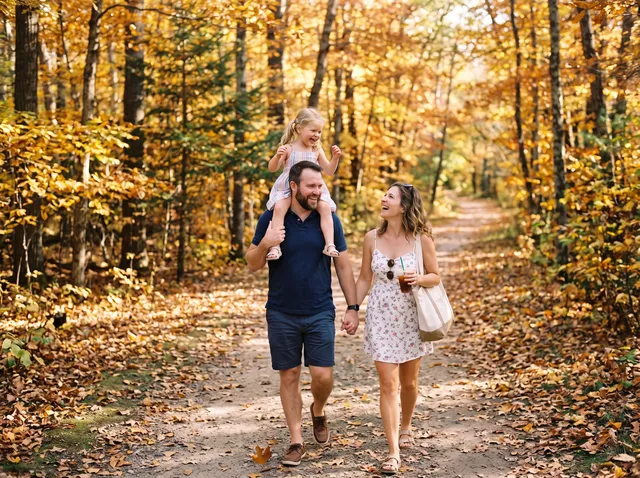 Family of three walking with the background changed to forest path in autumn with golden trees