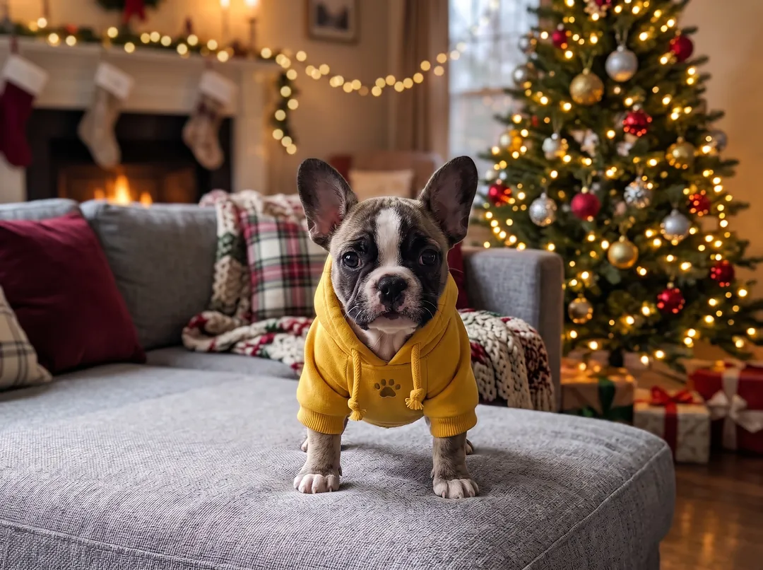 French bulldog puppy in a yellow hoodie with the background changed to cozy living room with a decorated Christmas tree