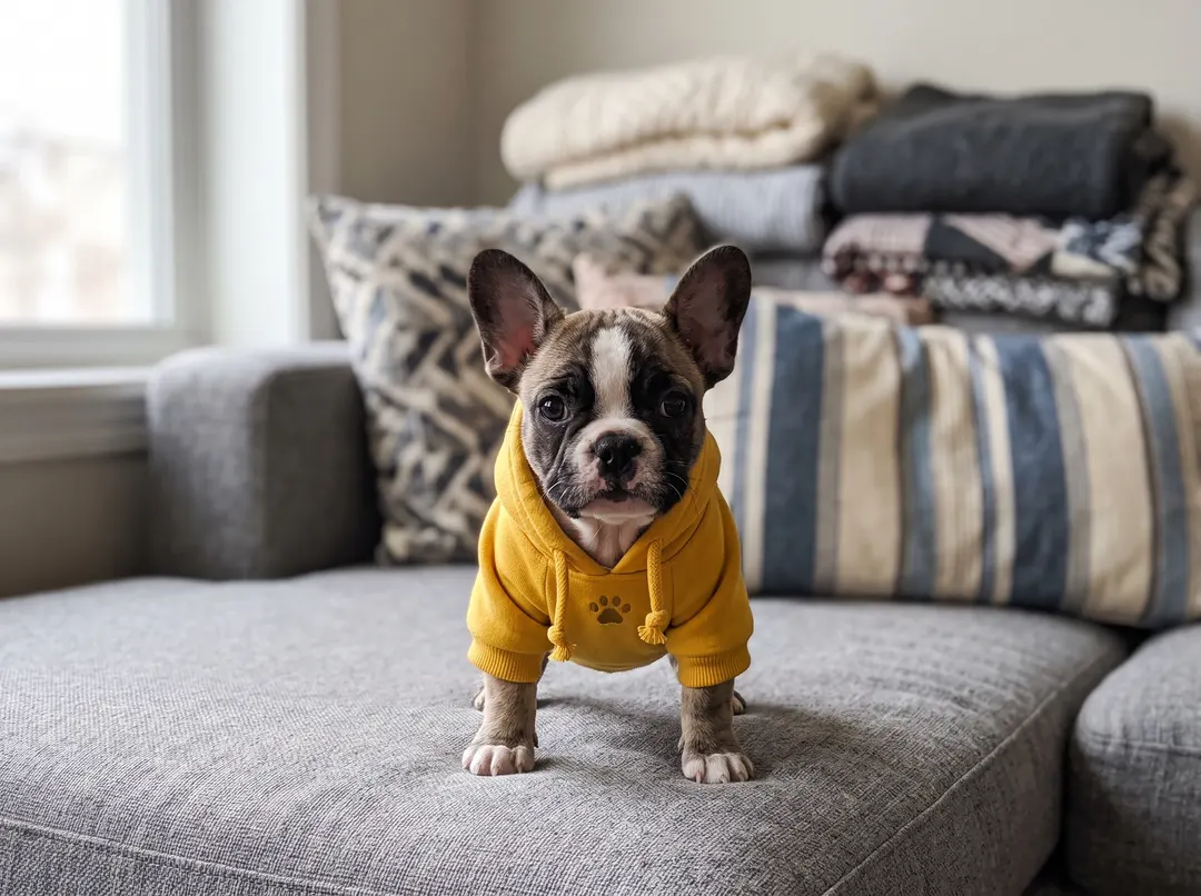 French bulldog puppy in a yellow hoodie, original photo