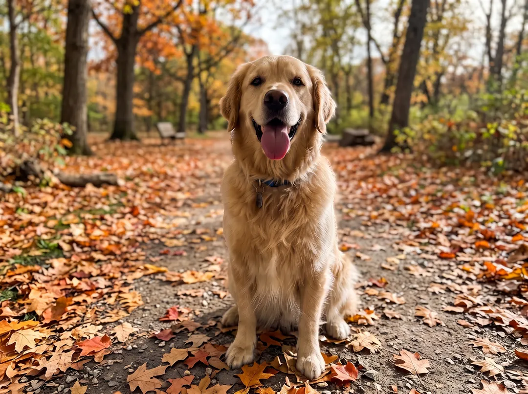 Golden retriever with the background changed to park path covered in autumn leaves