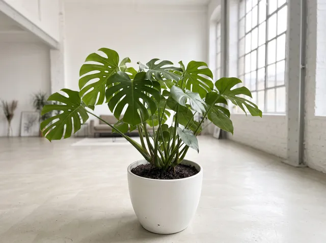 Potted monstera plant with the background changed to bright white minimalist loft with a large window