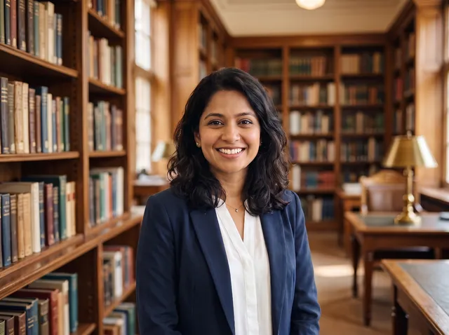 Woman in a navy blazer with the background changed to warm library with wooden bookshelves, softly blurred