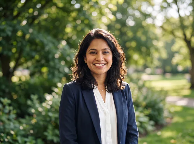 Woman in a navy blazer with the background changed to green park with soft bokeh trees in daylight