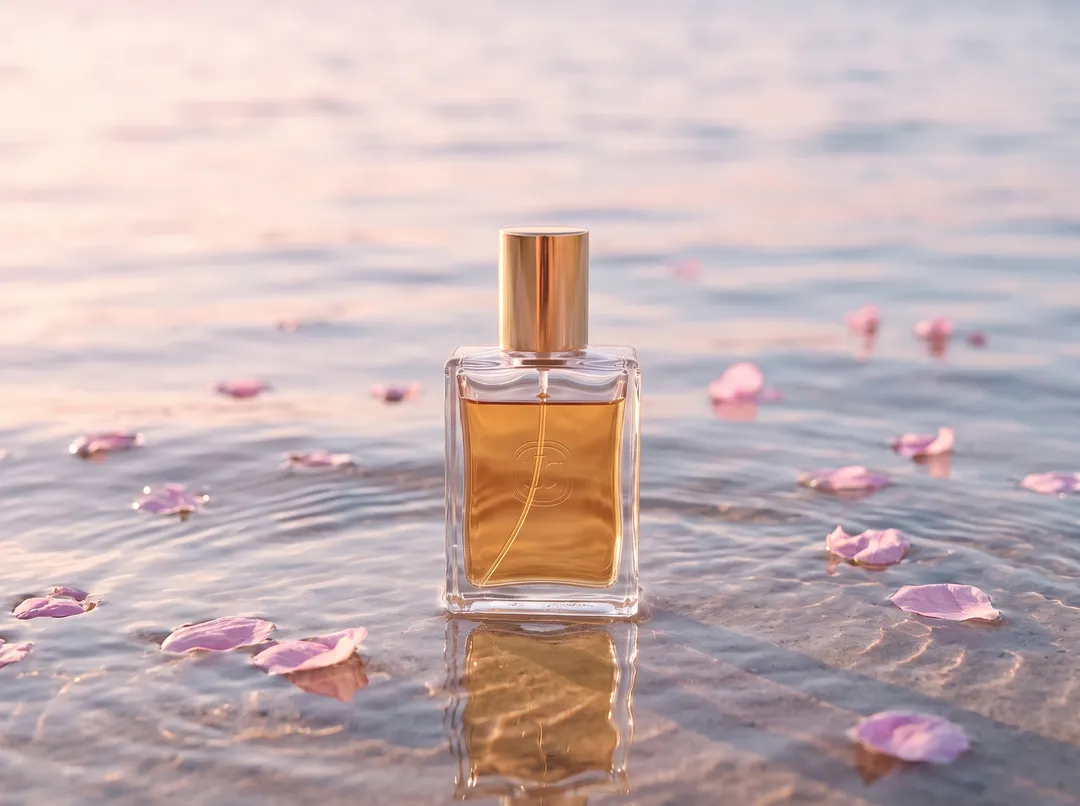 Glass perfume bottle with the background changed to shallow water with soft ripples and pink petals, pastel light