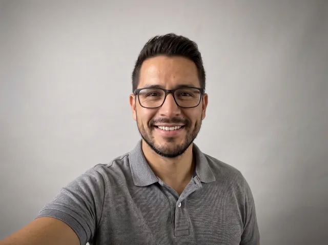 Man with glasses in a grey polo with the background changed to plain light gray studio backdrop for a professional headshot