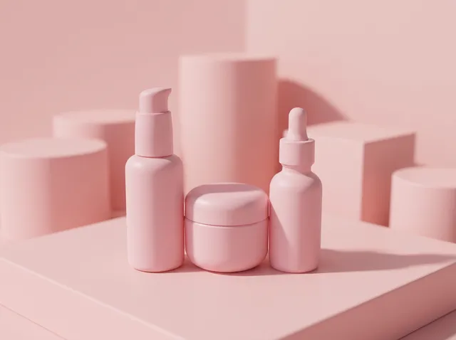 Three pink skincare bottles with the background changed to pastel pink podiums with soft shadows