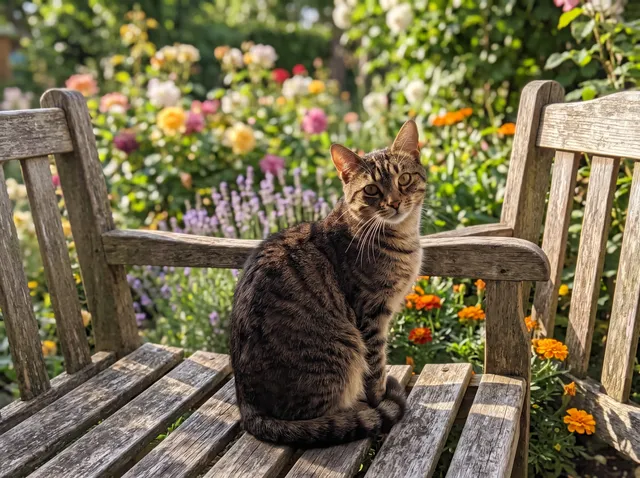Tabby cat with the background changed to sunny garden bench surrounded by flowers