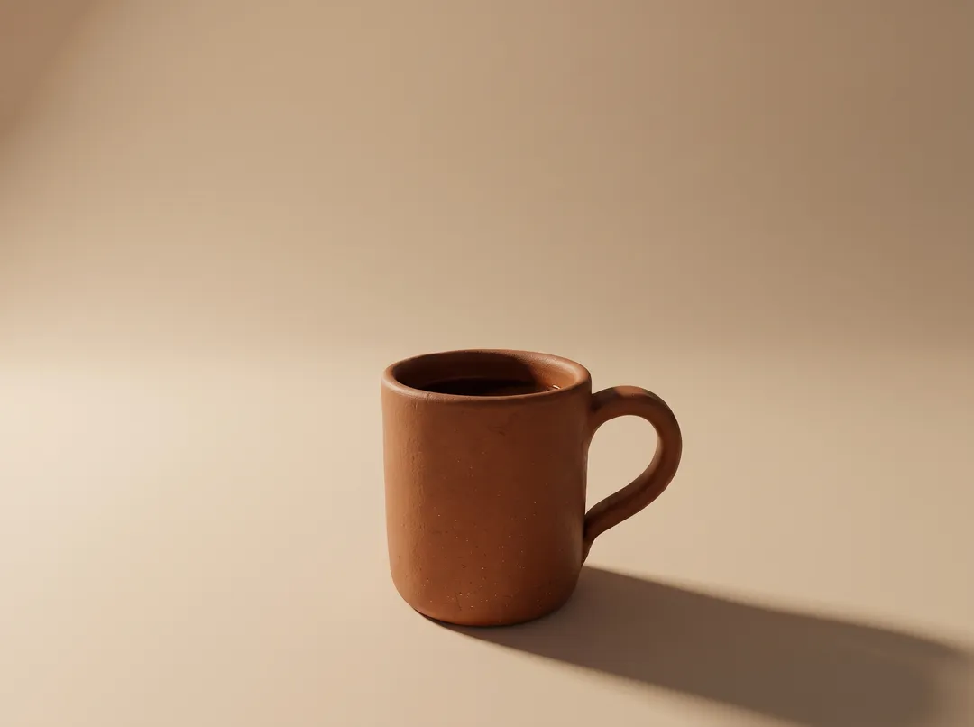 Terracotta coffee mug with the background changed to soft beige studio with a long shadow